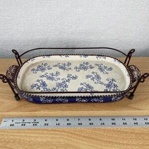 Temp-tations by Tara Floral Lace Cobalt Blue Ceramic 2 qt Trivet with Metal Rack